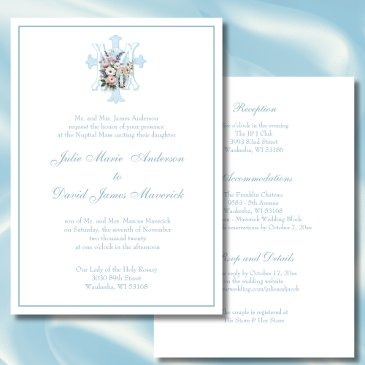 elegant marian catholic blue wedding invitation