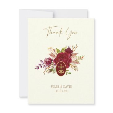 elegant marsala floral gold crucifix wedding thank you invitations
