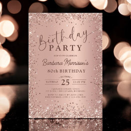 Small Elegant Metal Rose Gold Glitter 80th Birthday Chic Invitation Front View