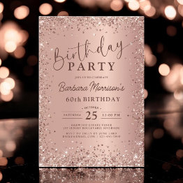 Small Elegant Metallic Rose Gold Glitter 60th Birthday Invitation Front View