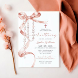 Small Elegant Mocha Bow & Rosary Christening Invitation Front View