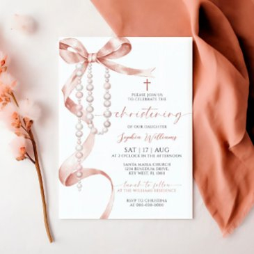 elegant mocha bow & rosary christening invitation