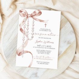 Small Elegant Mocha Bow & Rosary Confirmation Invitation Front View