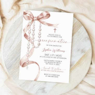 elegant mocha bow & rosary confirmation invitation