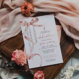Small Elegant Mocha Bow & Rosary Dedication Invitation Front View