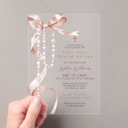 Small Elegant Mocha Bow & Rosary First Holy Communion Acrylic Invitations Front View