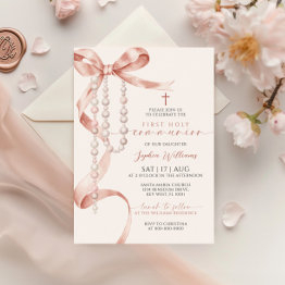 Small Elegant Mocha Bow & Rosary First Holy Communion Invitation Front View