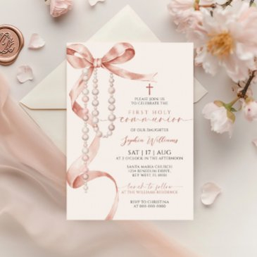 elegant mocha bow & rosary first holy communion invitation