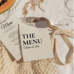Small Elegant Modern Black Cream Bold Retro Wedding Menu Front View