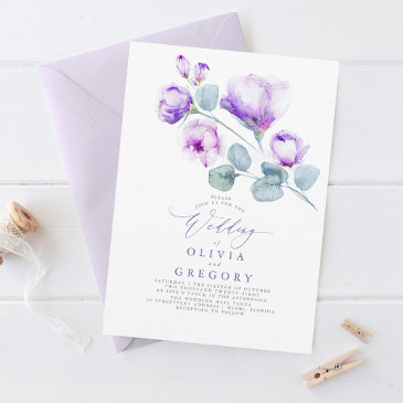 elegant modern botanical purple floral wedding invitation