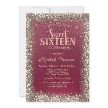 elegant modern gold sequins frame red sweet 16 invitation