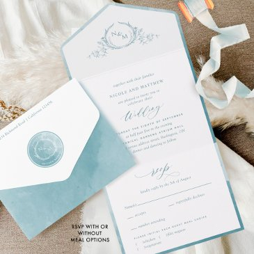 elegant monogram and sea glass watercolor wedding all in one invitation