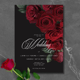 Small Elegant Moody Blood Red Roses Floral Wedding Invitation Front View