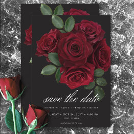 Small Elegant Moody Blood Red Roses Floral Wedding Save The Date Front View