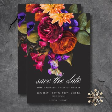 elegant moody vibrant harvest floral wedding save the date
