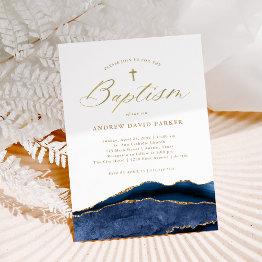 Small Elegant Navy Blue Agate With Gold Cross | Baptism Invitation Front View