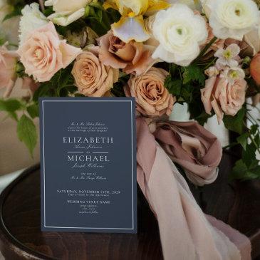 elegant navy blue classic script wedding invitation