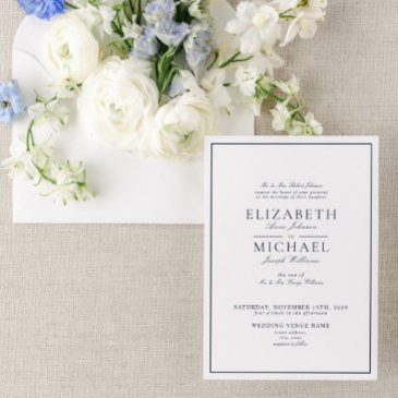 elegant navy blue classic script wedding invitation