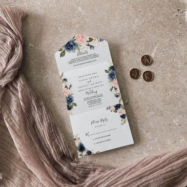 elegant navy blue pink blush gold floral wedding all in one invitation