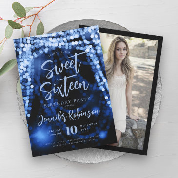 elegant navy blue string lights photo sweet 16  invitation