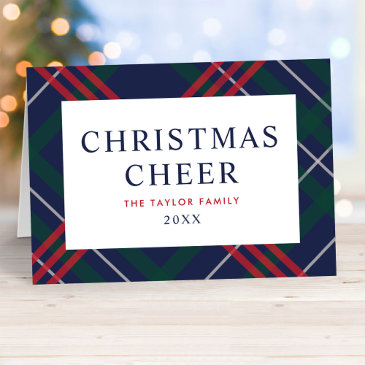 elegant navy blue tartan plaid christmas cheer holiday invitations