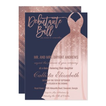 elegant navy rose gold glitter dress debutante invitation