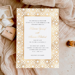 Small Elegant Nikkah Oriental Wedding Ceremony Gold Foil Invitation Front View