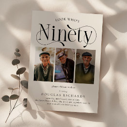 Small Elegant Ninety 3 Photo Collage 90th Birthday Invitation Front View