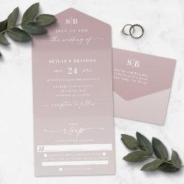 Small Elegant Ombre Monogram Dusty Mauve & Ivory Wedding All In One Invitation Front View