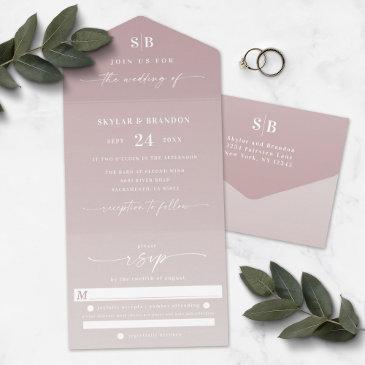 elegant ombre monogram dusty mauve & ivory wedding all in one invitation
