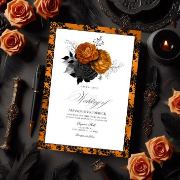 elegant orange and black gothic wedding theme invitation