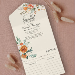 Small Elegant Orange Floral Bridal Shower & Recipe All In One Invitation Front View