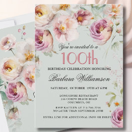 Small Elegant Painted Floral 100th Birthday Party Invitation Front View
