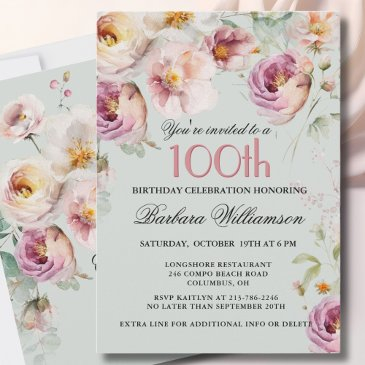 elegant painted floral 100th birthday party invitation