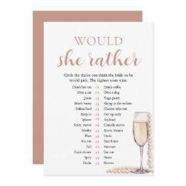 Small Elegant Pearls And Prosecco Would She Rather Game Invitation Front View