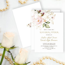 Small Elegant Pink Blush Gold Flowers Rehearsal Dinner Invitation Front View