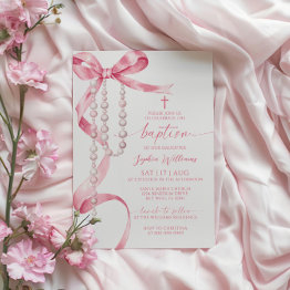 Small Elegant Pink Bow & Rosary Baptism Invitation Front View