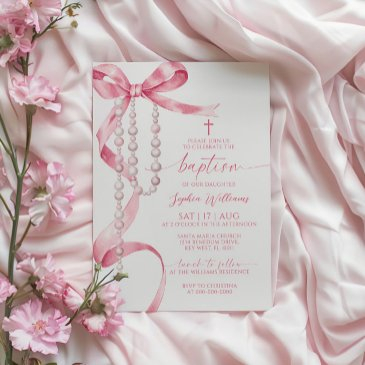 elegant pink bow & rosary baptism invitation