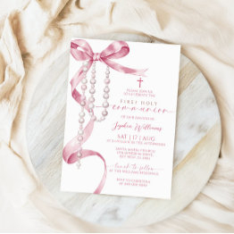 Small Elegant Pink Bow & Rosary First Holy Communion Invitation Front View