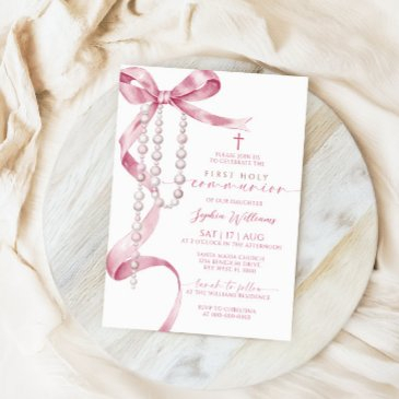 elegant pink bow & rosary first holy communion invitation