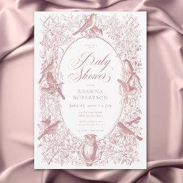 Small Elegant Pink Chinoiserie Nature Birds Baby Shower Invitation Front View