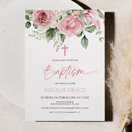 Small Elegant Pink Floral Flowers Green Leaves Baptism Invitation Front View