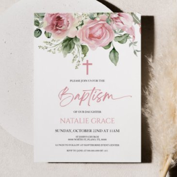 elegant pink floral flowers green leaves baptism invitation