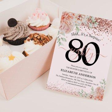 elegant pink floral & glitter 80th birthday party invitation