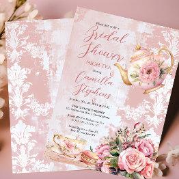 Small Elegant Pink Floral High Tea Bridal Shower Invitation Front View
