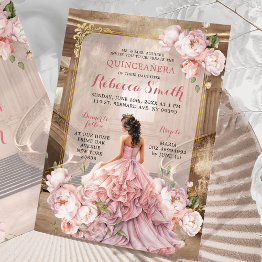 Small Elegant Pink Floral Royal Grand Palace Quinceañera Invitation Front View