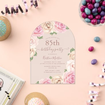 elegant pink rose floral arch 85th birthday party acrylic invitations