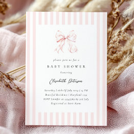 Small Elegant Pink Stripes Bow Baby Shower Baby Shower Invitation Front View