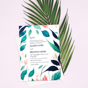elegant pink teal blue watercolor leaves wedding invitation