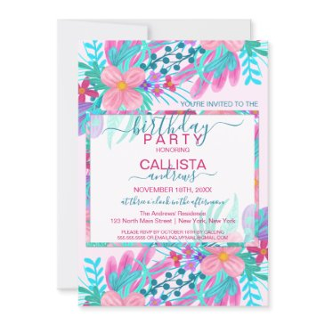 elegant pink teal painted flowers leaves birthday invitation